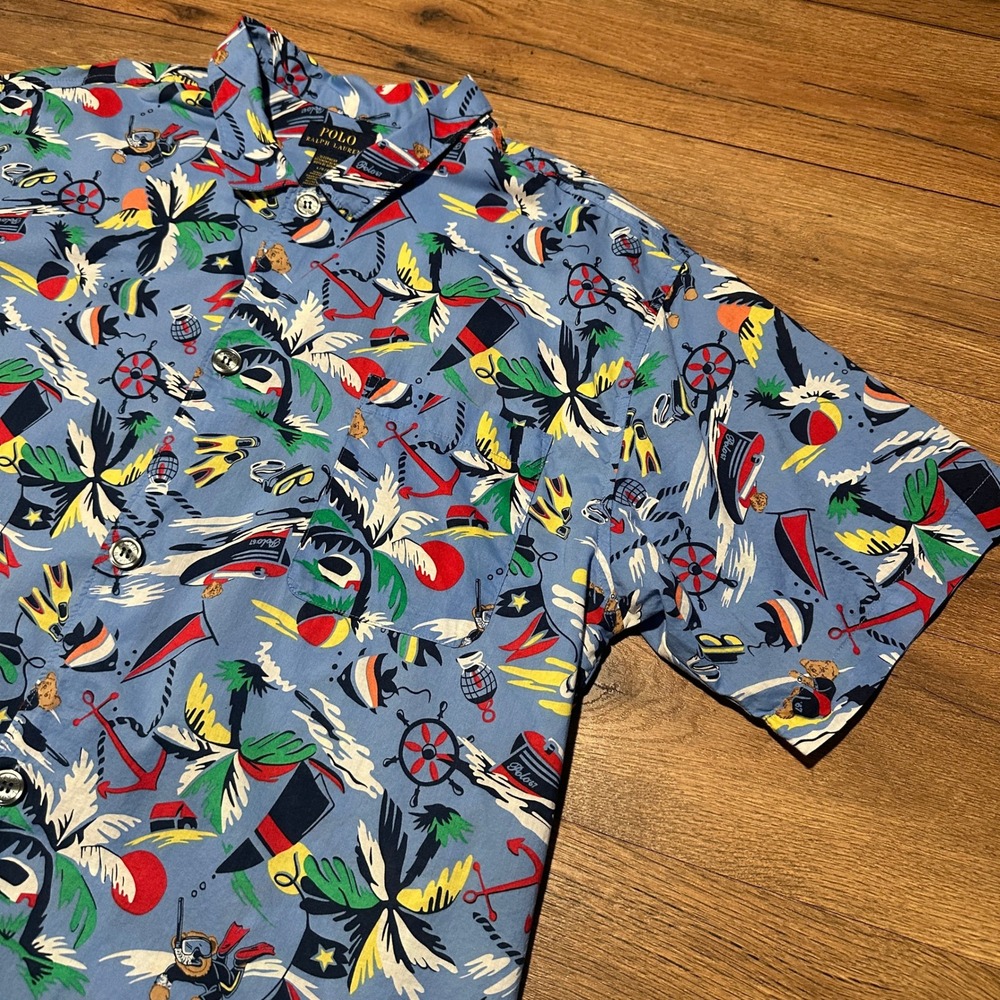 Polo Ralph Lauren Blue Nautical Polo Bear Tropical Sleepwear Shirt Mens Large L